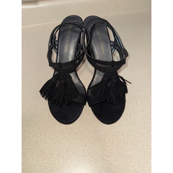 Stuart Weitzman Braided Suede Tassel Sling Back Block Heels Black Size 10 - Picture 2 of 8